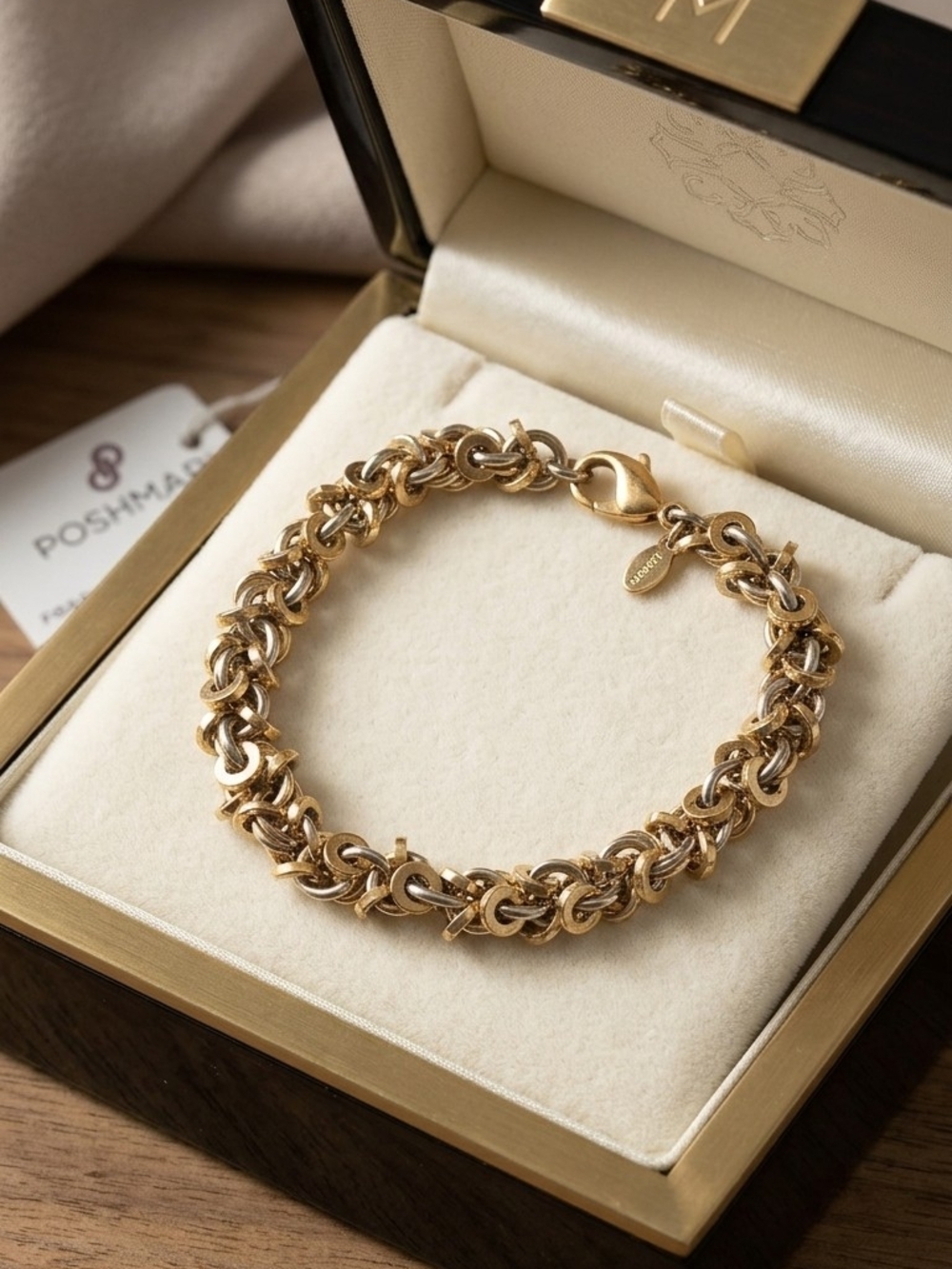Vintage Signed Monet Chunky Gold Plated Chain Bracelet Heavy Interlocking Link